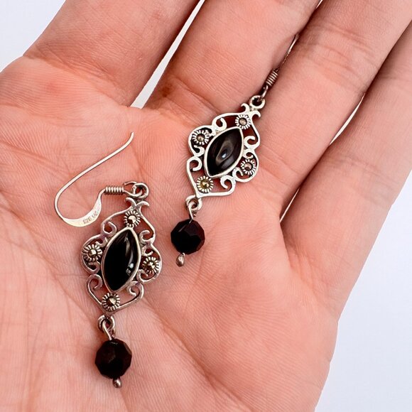 Sterling Silver 925 Black Onyx Scroll Flower Dangle Earrings Size 1.5" Length - Picture 5 of 9